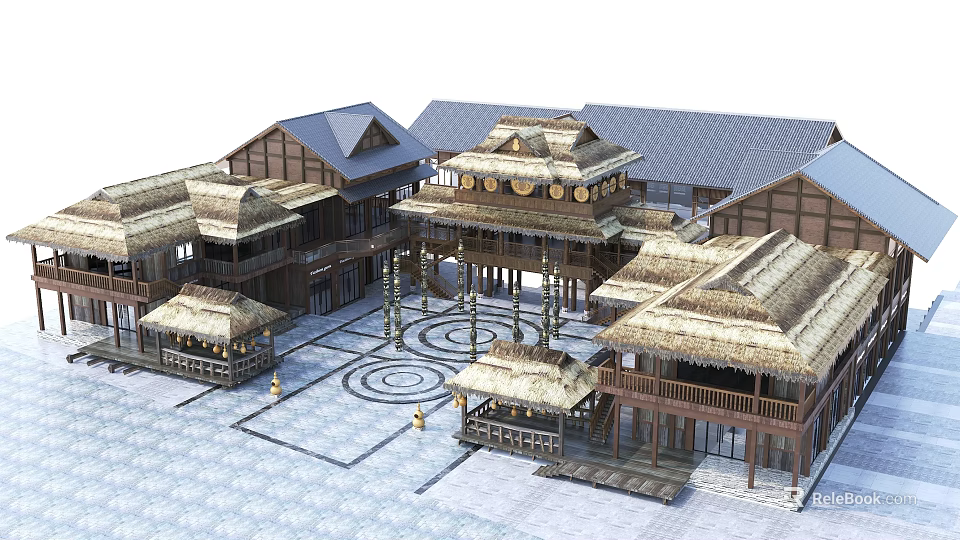 Ancient Wooden Architectural Complex With Thatched Roofs And Courtyard Design 3d model