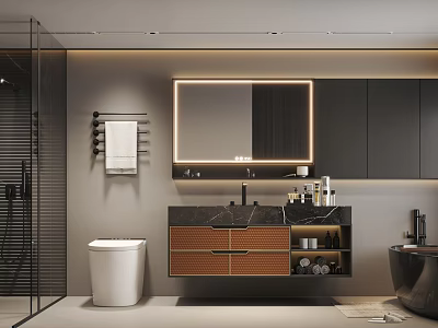 Elegant Modern Bathroom Interior Design With Backlit Mirror Vanity Toilet And Shower Area 3d model