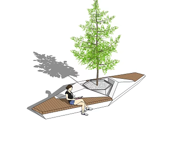 Outdoor Bench With Wooden Platform And Green Tree In Park Setting 3d model