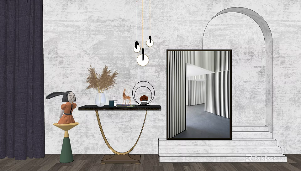 Modern Console Table With Decorative Items Pendant Lights And Textured Wall 3d model