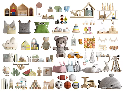 Diverse Plush Toys Collection Featuring Teddy Bear Owl Whale Wooden Toys And Building Blocks 3d model