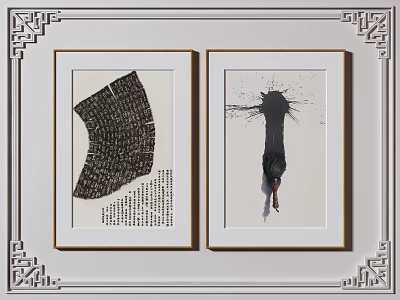 Framed Chinese Style Wall Art with Fan Shaped Black Calligraphy and Human Figure Splash 3d model