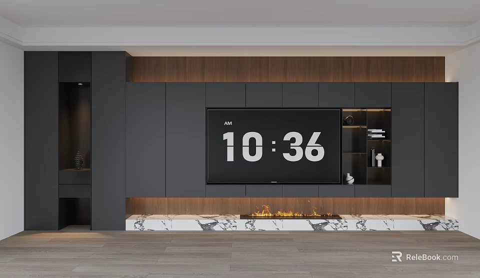 Modern TV Background Wall with Wooden Panels Dark Cabinets Marble Base and Fireplace 3d model 