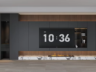 Modern TV Background Wall with Wooden Panels Dark Cabinets Marble Base and Fireplace 3d model