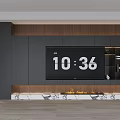 Modern TV Background Wall with Wooden Panels Dark Cabinets Marble Base and Fireplace