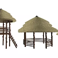 Garden Landscape With Various Thatched Pavilions Red Brown Frames And Circular Bases 3d model