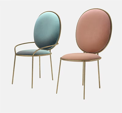 Modern Elegant Blue and Pink Accent Chairs with Golden Metal Frame and Velvet Upholstery 3d model