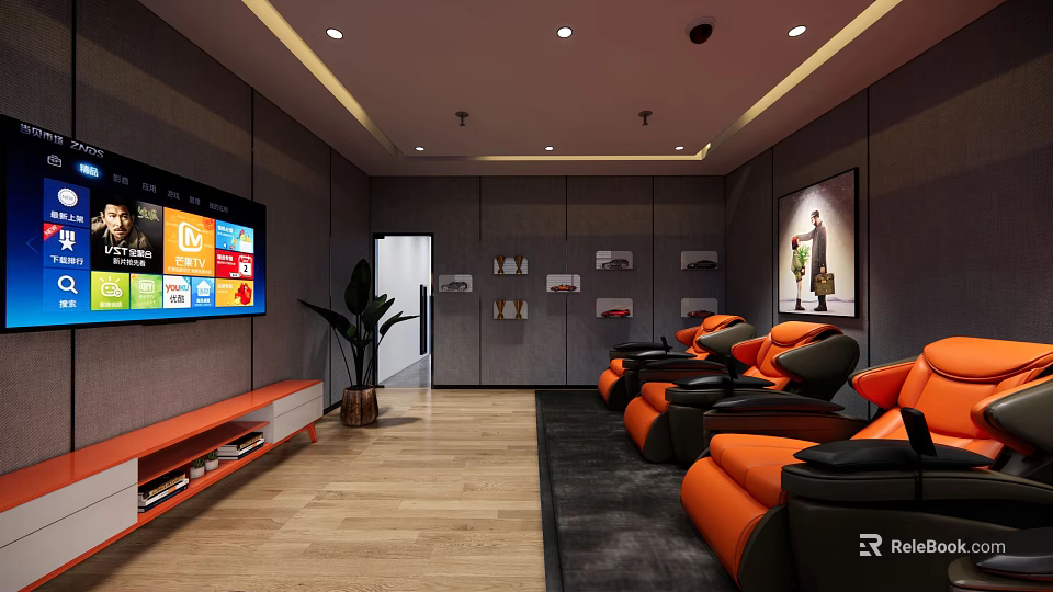 Home Theater Room With Large Screen TV Orange Recliner Seats And Wooden Flooring 3d model 