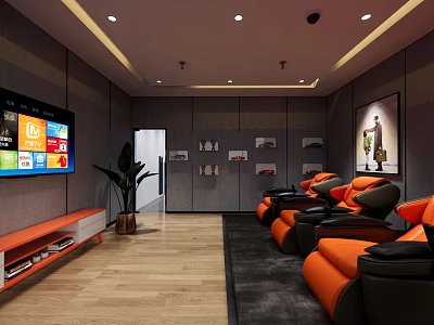 Home Theater Room With Large Screen TV Orange Recliner Seats And Wooden Flooring 3d model