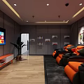 Home Theater Room With Large Screen TV Orange Recliner Seats And Wooden Flooring