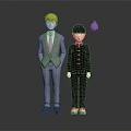 Blonde Hair Character in Gray Suit and Black Uniform Boy Standing with Blue Small Creature
