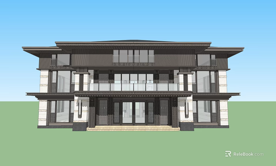 Two Story Detached Villa with Contemporary Traditional Style Large Glass Windows and Stone Exterior 3d model 