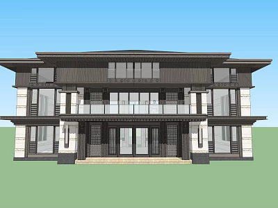 Two Story Detached Villa with Contemporary Traditional Style Large Glass Windows and Stone Exterior 3d model