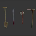 Various Wooden Handle Hand Tools Including Shovel Knife Axe And Red Accent Tool