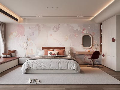 Kids Room Interior With Cartoon Wallpaper Bed Dressing Table White Cabinet And Chair 3d model