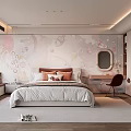 Kids Room Interior With Cartoon Wallpaper Bed Dressing Table White Cabinet And Chair