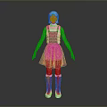 Woman with silver hair wearing blue pinafore dress and brown boots