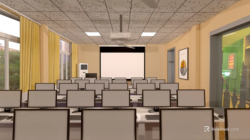 Modern School Classroom With Computers Projector Screen Yellow Curtains And Desks 3d model 