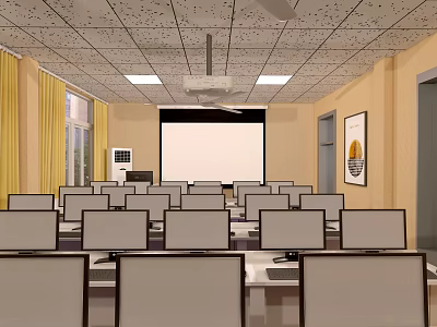 Modern School Classroom With Computers Projector Screen Yellow Curtains And Desks 3d model