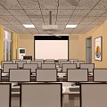 Modern School Classroom With Computers Projector Screen Yellow Curtains And Desks