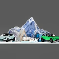Green And White Outdoor Adventure Cars With Snow Mountain Tent And People
