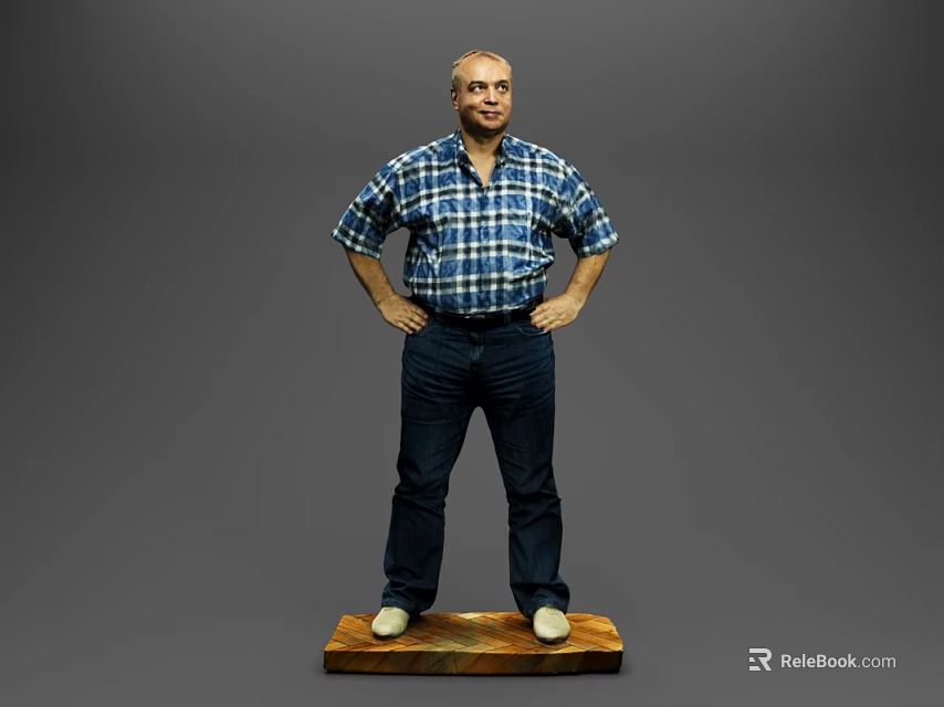 Man Standing With Hands On Hips In Plaid Shirt Against Gray Background On Wooden Base 3d model 