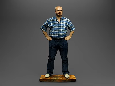 Man Standing With Hands On Hips In Plaid Shirt Against Gray Background On Wooden Base 3d model