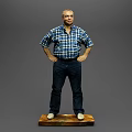 Man Standing With Hands On Hips In Plaid Shirt Against Gray Background On Wooden Base