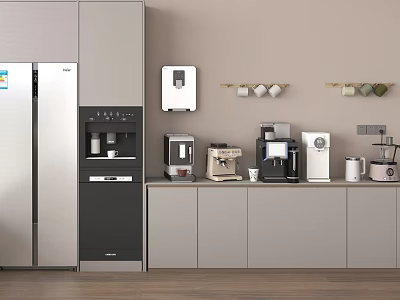 Modern Kitchen With Gray Cabinets And Various Appliances Like Refrigerator Coffee Machine Toaster Juicer 3d model