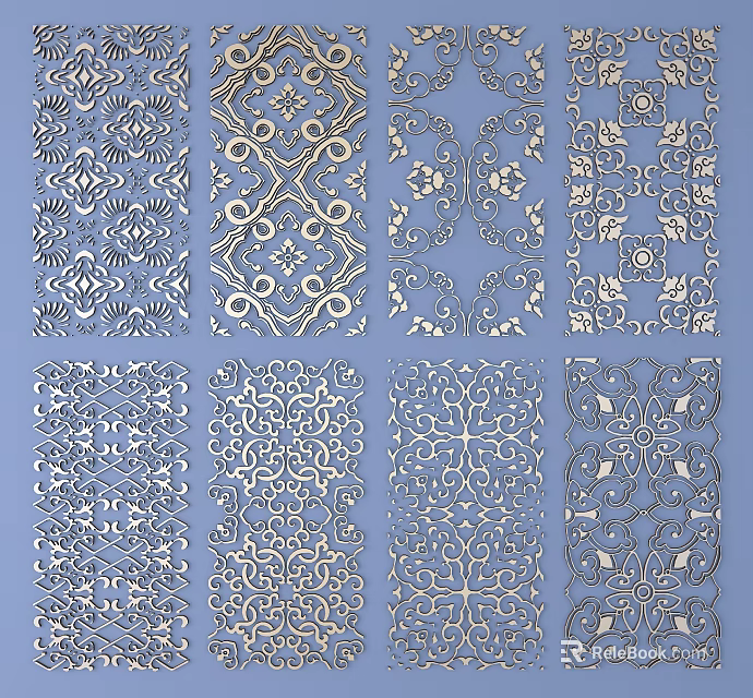 Intricate Carved Patterns with Various Floral and Geometric Design Elements 3d model 