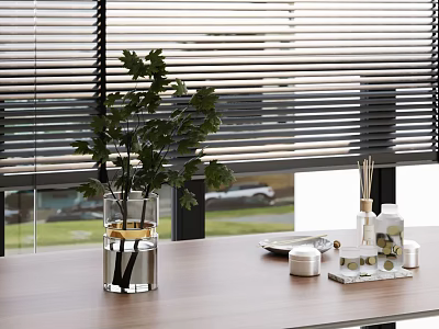 Green Plant in Glass Vase on Wooden Table with Window Blinds and Scented Diffuser Candle Plate 3d model