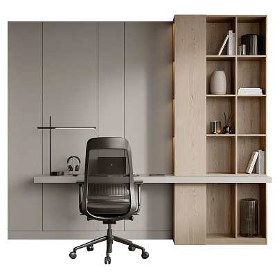 Black Office Chair In Modern Workspace With White Desk Wooden Bookshelf And Gray Wall 3d model