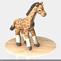 Stuffed Giraffe Doll With Black Mane Brown Yellow Spots White Legs On Wooden Round Base