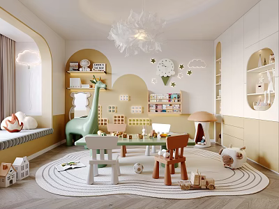 Vibrant Kids Room Interior Design With Giraffe Toy Colorful Chairs Table Cloud Decorations And Bookshelves 3d model