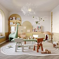 Vibrant Kids Room Interior Design With Giraffe Toy Colorful Chairs Table Cloud Decorations And Bookshelves