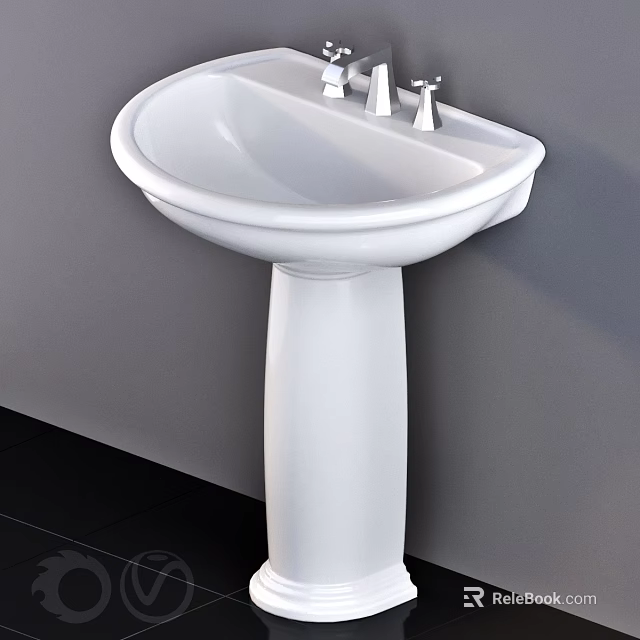 White Ceramic Pedestal Sink With Modern Sleek Design And Chrome Faucet For Bathroom 3d model 