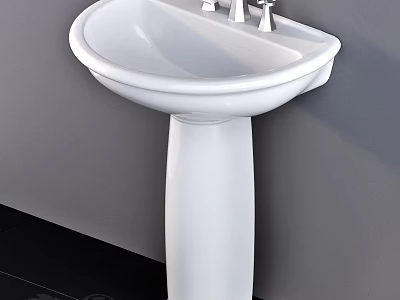 White Ceramic Pedestal Sink With Modern Sleek Design And Chrome Faucet For Bathroom 3d model
