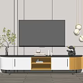 Modern White And Wooden TV Stand Design With Wall Background Green Plant And Hanging Lights