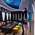 Stylish KTV Lounge Interior With Teal Sofas Colorful Cushions And Decorative Murals
