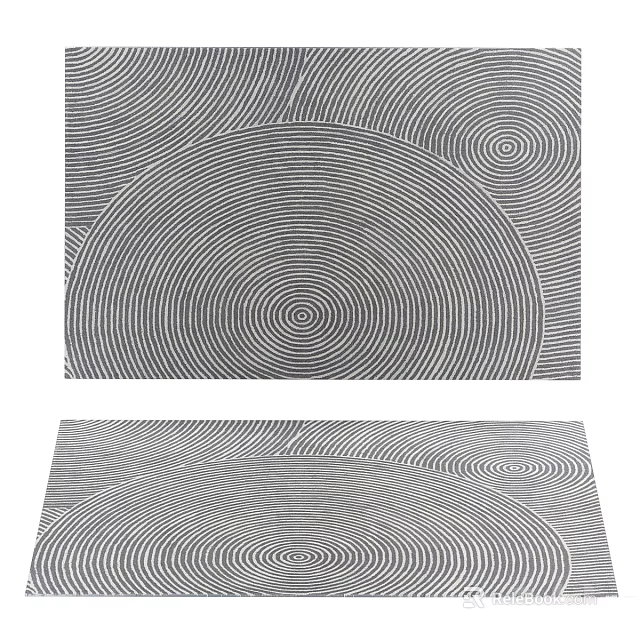 Black and White Square Rug with Concentric Circles and Wavy Lines Abstract Design 3d model 