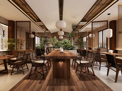 Elegant Restaurant Interior Featuring Wooden Dining Tables Hanging Lanterns And Greenery 3d model