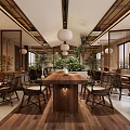 Elegant Restaurant Interior Featuring Wooden Dining Tables Hanging Lanterns And Greenery
