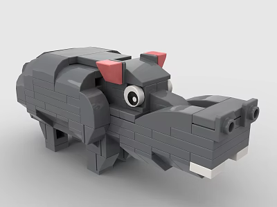 Gray Building Blocks Hippo Model With Red Ears Black Eyes And White Teeth 3d model