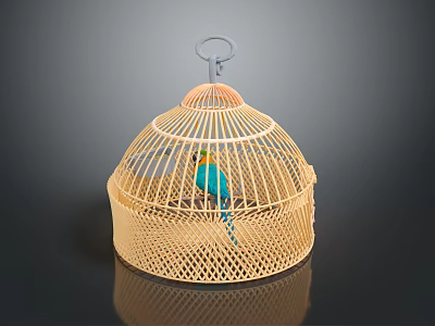 Colorful Parrot Perched Inside Dome Shaped Bamboo Birdcage With Hook 3d model