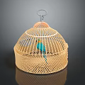 Colorful Parrot Perched Inside Dome Shaped Bamboo Birdcage With Hook 3d model