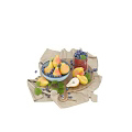 Fresh Pears Blueberries And Lemons In Bowl On Tray With Green Leaves And Cloth