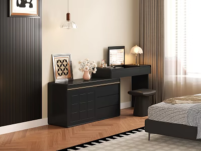 Black Vanity Table with Drawers Table Lamp Mirror Vase and Stool in Bedroom 3d model
