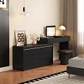 Black Vanity Table with Drawers Table Lamp Mirror Vase and Stool in Bedroom