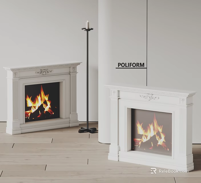 POLIFORM Modern White Fireplace with Burning Flames and Floor Lamp 3d model