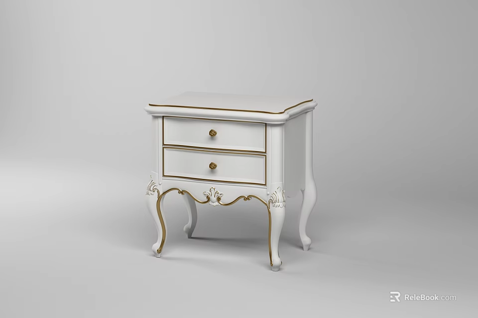 Elegant White Nightstand With Two Drawers Gold Knobs And Carved Legs 3d model 